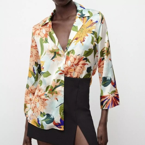 ZARA Satin floral print buttoned down woman’s shirt blouse Sz XS - Picture 1 of 14